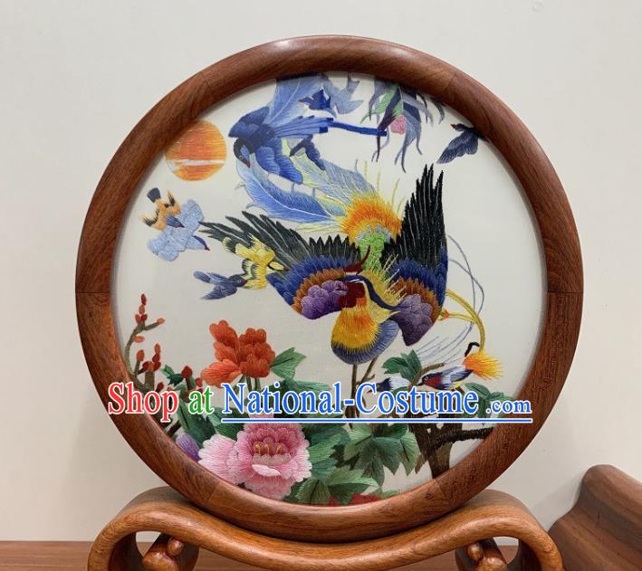 Chinese Embroidered Phoenix Peony Table Screen Handmade Palisander Desk Decoration Traditional Embroidery Double Side Craft