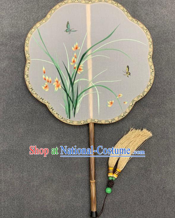 China Traditional Embroidery Orchids Silk Fan Classical Hanfu Bamboo Fan Handmade Embroidered Palace Fan