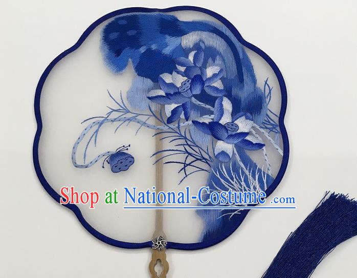 China Handmade Embroidered Blue Lotus Palace Fan Traditional Double Side Embroidery Silk Fan Classical Hanfu Fan