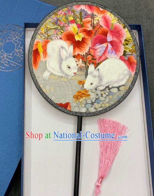 China Traditional Double Side Embroidery Silk Fan Handmade Embroidered Rabbit Palace Fan Classical Hanfu Circular Fan