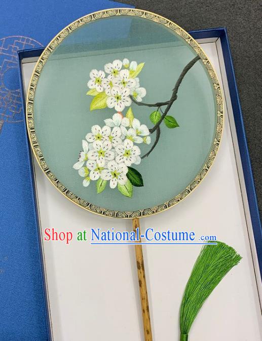 China Handmade Embroidered Pear Blossom Palace Fan Traditional Double Side Embroidery Circular Fan Classical Hanfu Green Silk Fan