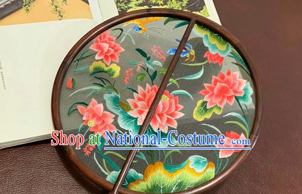 China Traditional Embroidery Lotus Silk Circular Fan Classical Wedding Hanfu Fan Handmade Embroidered Palace Fan