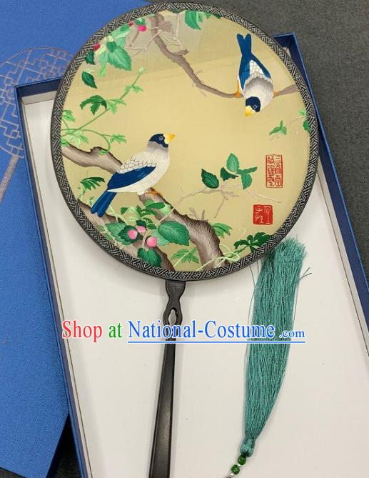 China Classical Hanfu Light Yellow Silk Fan Handmade Embroidered Palace Fan Traditional Double Side Embroidery Circular Fan