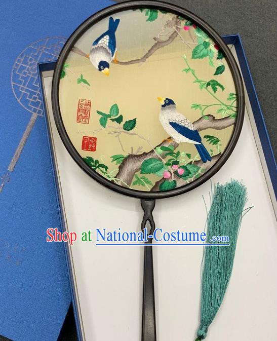 China Classical Hanfu Light Yellow Silk Fan Handmade Embroidered Palace Fan Traditional Double Side Embroidery Circular Fan