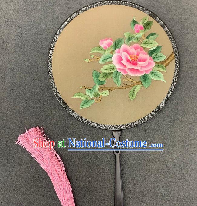 China Handmade Embroidery Peony Palace Fan Double Side Silk Circular Fan