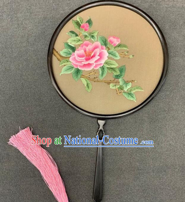 China Handmade Embroidery Peony Palace Fan Double Side Silk Circular Fan