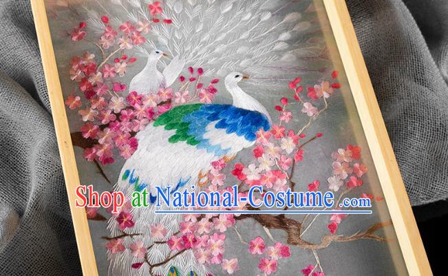 Chinese Cocobolo Decoration Painting Traditional Hunan Embroidery Craft Handmade Embroidered White Peacock Silk Painting