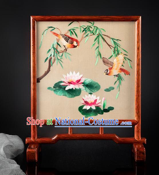 Chinese Traditional Hunan Embroidery Lotus Table Screen Handmade Embroidered Silk Craft Merbau Desk Decoration