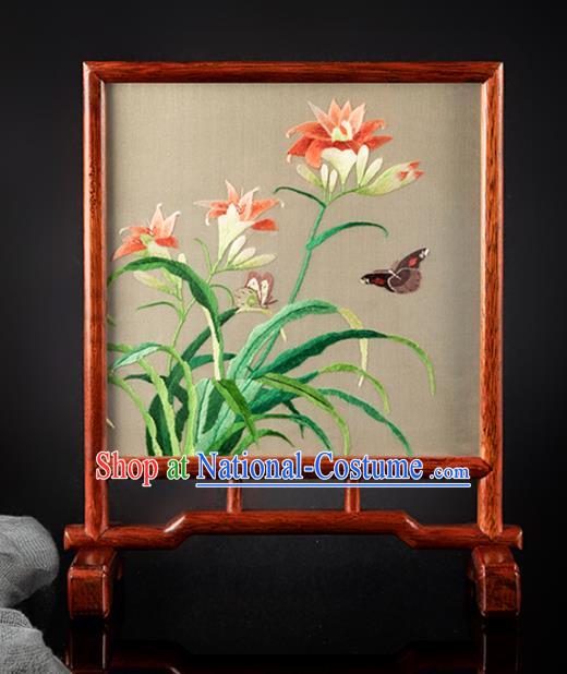 Chinese Handmade Embroidered Silk Craft Merbau Desk Decoration Traditional Hunan Embroidery Orchids Table Screen