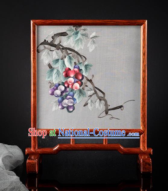 Chinese Merbau Desk Decoration Traditional Hunan Embroidery Grape Table Screen Handmade Embroidered Silk Craft