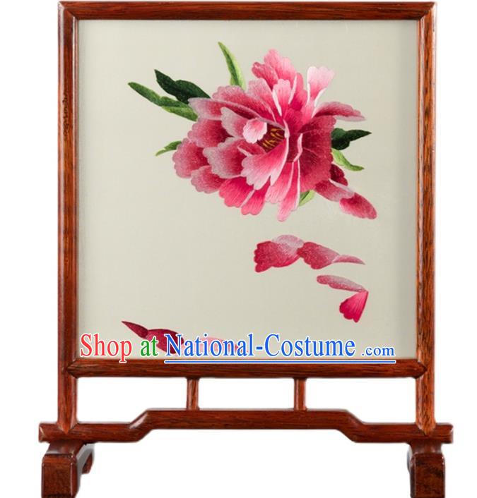 Chinese Handmade Embroidered Craft Merbau Desk Decoration Traditional Hunan Embroidery Peony Silk Table Screen