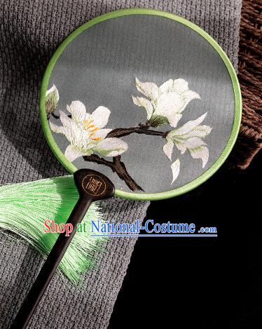 China Traditional Hanfu Circular Fan Handmade Silk Fan Hunan Embroidery Mangnolia Palace Fan