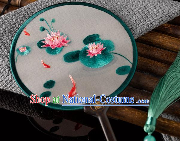 China Handmade Silk Fan Hunan Embroidery Lotus Palace Fan Traditional Hanfu Circular Fan