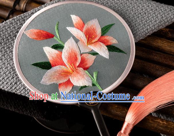 China Hunan Embroidery Pink Jasminum Palace Fan Traditional Hanfu Circular Fan Handmade Silk Fan