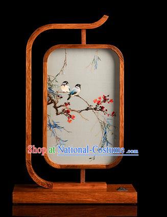 Chinese Handmade Merbau Craft Traditional Hunan Embroidery Plum Birds Table Screen Embroidered Desk Lamp