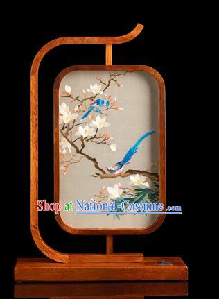 Chinese Traditional Hunan Embroidery Mangnolia Birds Table Screen Handmade Merbau Craft Embroidered Desk Lamp