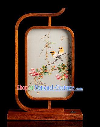 Chinese Embroidered Desk Lamp Handmade Merbau Craft Traditional Hunan Embroidery Peach Blossom Table Screen