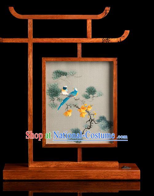 Chinese Double Side Embroidered Desk Lamp Handmade Merbau Craft Traditional Hunan Embroidery Pine Birds Table Screen