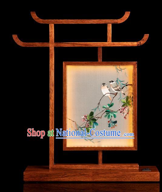 Chinese Traditional Hunan Embroidery Begonia Table Screen Double Side Embroidered Desk Lamp Handmade Merbau Craft