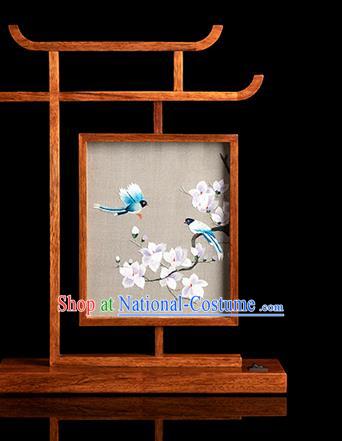 Chinese Handmade Merbau Desk Lamp Traditional Hunan Embroidery Mangnolia Table Screen