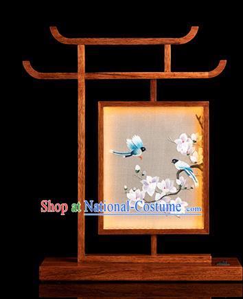 Chinese Handmade Merbau Desk Lamp Traditional Hunan Embroidery Mangnolia Table Screen