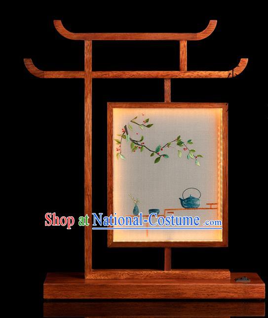 Chinese Traditional Hunan Embroidery Table Screen Handmade Merbau Desk Lamp