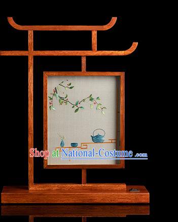 Chinese Traditional Hunan Embroidery Table Screen Handmade Merbau Desk Lamp