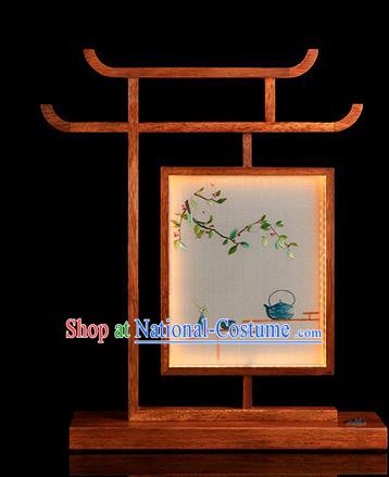 Chinese Traditional Hunan Embroidery Table Screen Handmade Merbau Desk Lamp