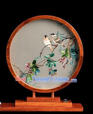 Chinese Traditional Hunan Embroidery Begonia Table Screen Handmade Merbau Circular Desk Lamp