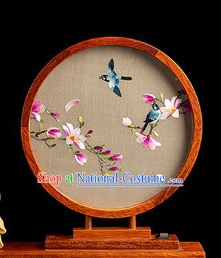 Chinese Traditional Hunan Embroidery Purple Mangnolia Table Screen Handmade Merbau Circular Desk Lamp Ornament