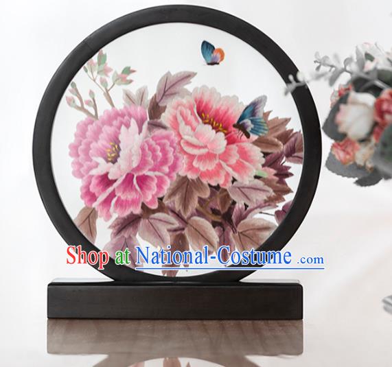 Chinese Handmade Narra Craft Desk Circular Ornament Traditional Hunan Embroidery Peony Table Screen