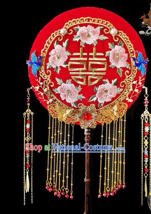 China Embroidery Peony Red Silk Palace Fan Traditional Hanfu Fan Handmade Blueing Crane Wedding Fan