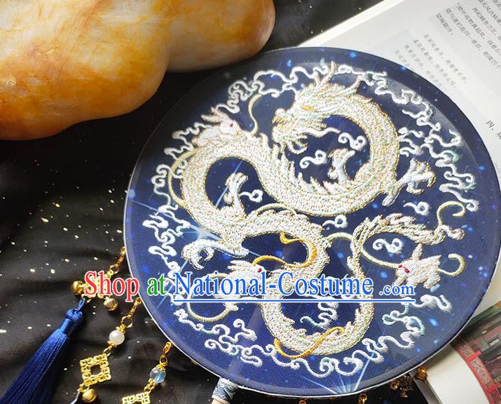 China Embroidery Dragon Blue Silk Palace Fan Traditional Hanfu Fan Handmade Wedding Circular Fan