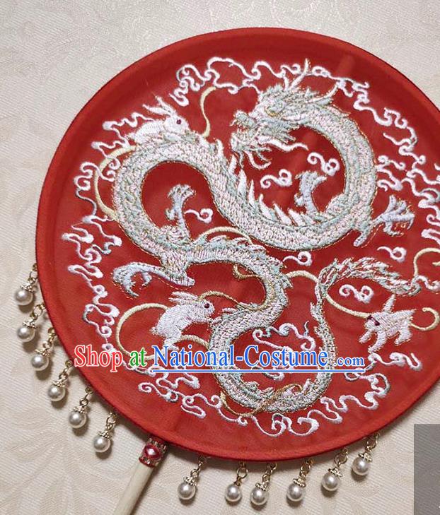 China Traditional Hanfu Fan Handmade Wedding Circular Fan Embroidery Dragon Red Silk Palace Fan