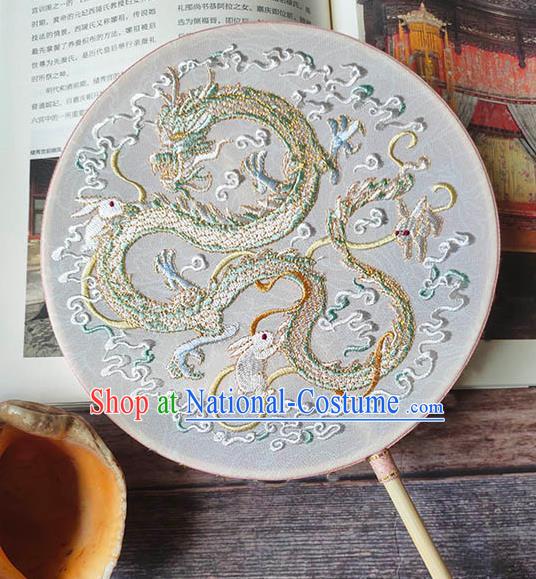 China Handmade Wedding Circular Fan Embroidery Dragon White Silk Palace Fan Traditional Hanfu Fan