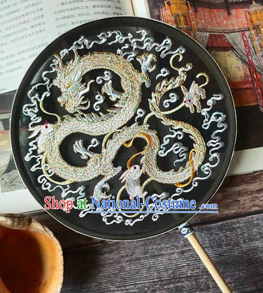 China Embroidery Dragon Palace Fan Handmade Wedding Circular Fan Traditional Black Silk Hanfu Fan