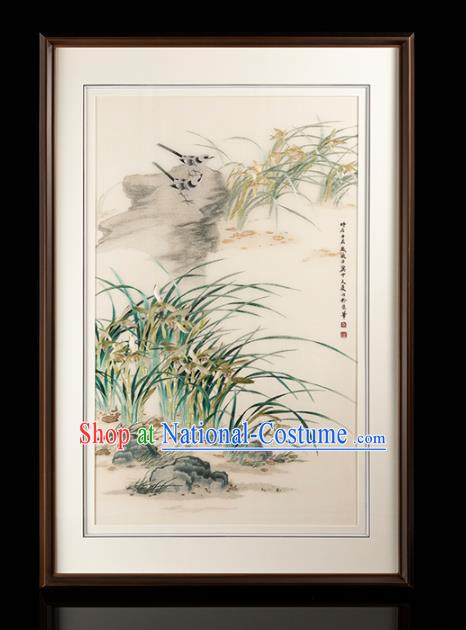 Chinese Walnut Decoration Painting Traditional Hunan Embroidery Craft Handmade Embroidered Orchids Silk Painting