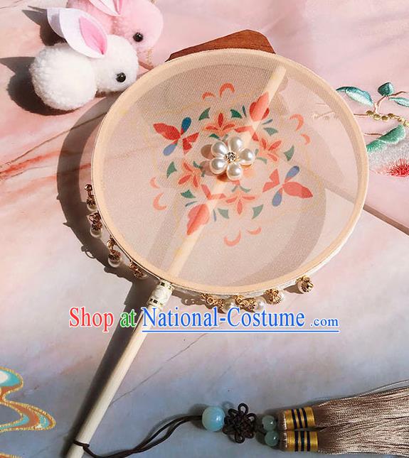 China Ancient Princess Palace Fan Handmade Beige Silk Fan Traditional Hanfu Circular Fan