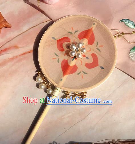 China Handmade Beige Silk Fan Traditional Hanfu Circular Fan Ancient Princess Pearls Palace Fan