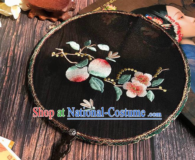 China Handmade Palace Fan Wedding Black Silk Fan Traditional Hanfu Embroidered Peach Flowers Circular Fan