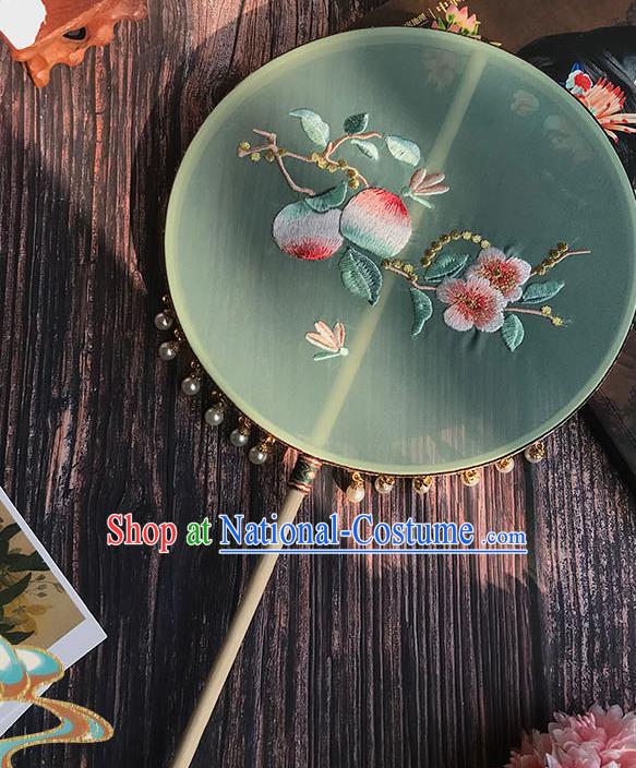 China Wedding Light Green Silk Fan Traditional Hanfu Embroidered Peach Flowers Circular Fan Handmade Palace Fan