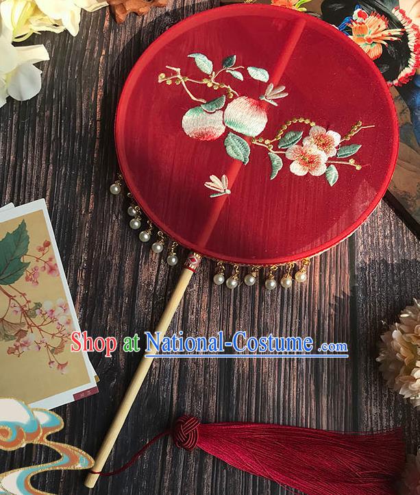 China Wedding Red Silk Fan Handmade Palace Fan Traditional Hanfu Embroidered Peach Flowers Circular Fan