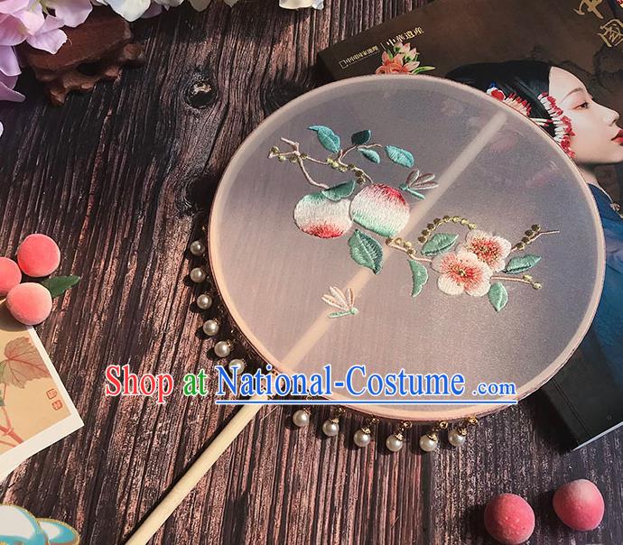 China Handmade Palace Fan Traditional Hanfu Embroidered Peach Flowers Circular Fan Wedding Light Pink Silk Fan