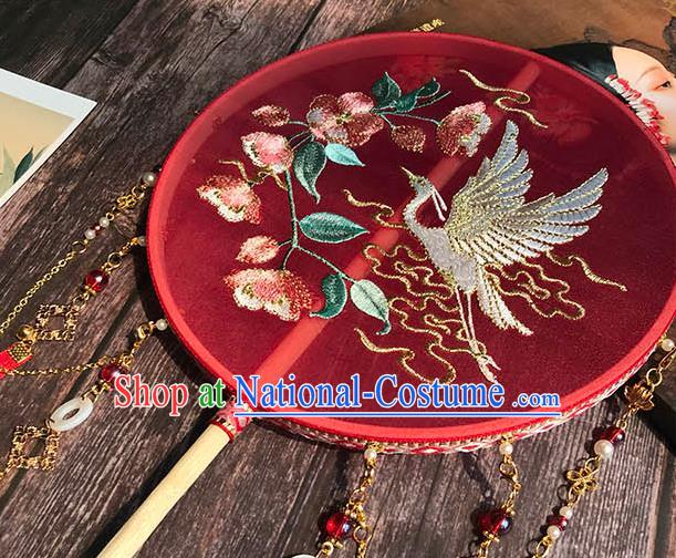 China Wedding Red Silk Fan Handmade Palace Fan Traditional Hanfu Embroidered Begonia Crane Circular Fan