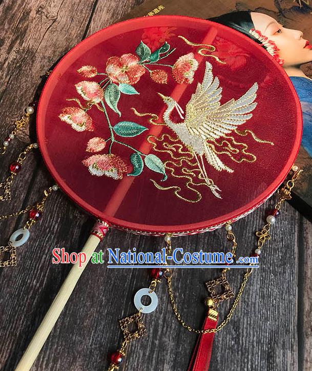 China Wedding Red Silk Fan Handmade Palace Fan Traditional Hanfu Embroidered Begonia Crane Circular Fan