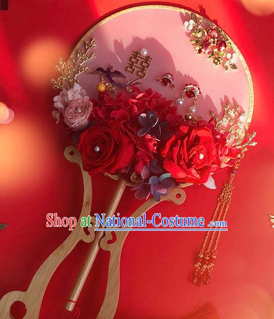 China Bride Circular Fan Wedding Silk Fan Handmade Palace Fan Traditional Red Rose Fan