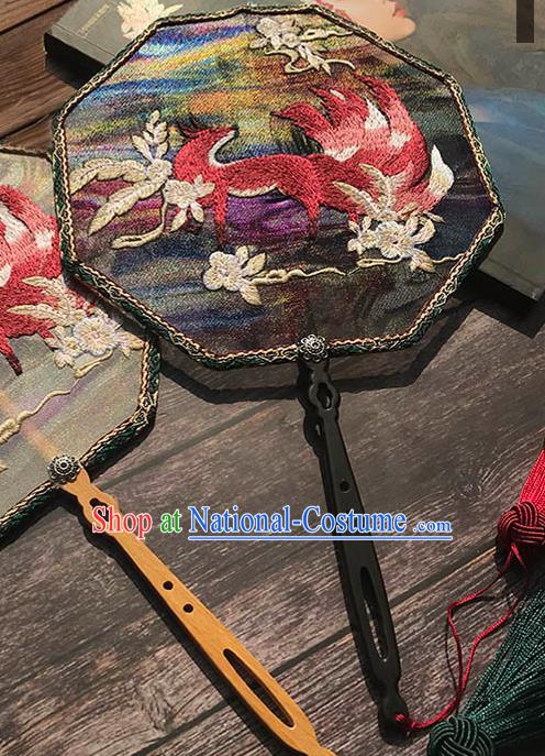 China Traditional Black Silk Fan Wedding Embroidered Nine Tail Fox Fan Handmade Octagon Palace Fan