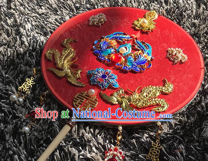 China Handmade Blueing Phoenix Palace Fan Traditional Red Silk Fan Wedding Circular Fan