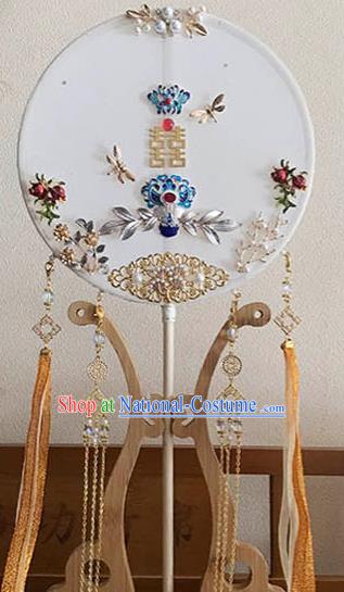 China Traditional White Silk Fan Wedding Circular Fan Handmade Blueing Palace Fan