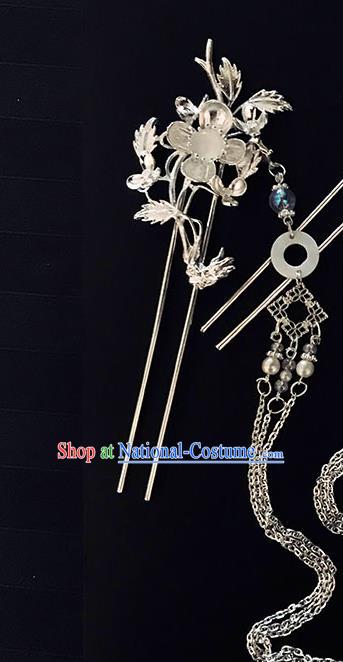 China Traditional Hair Accessories Classical Argent Plum Blossom Hairpin Handmade Tassel Hair Stick